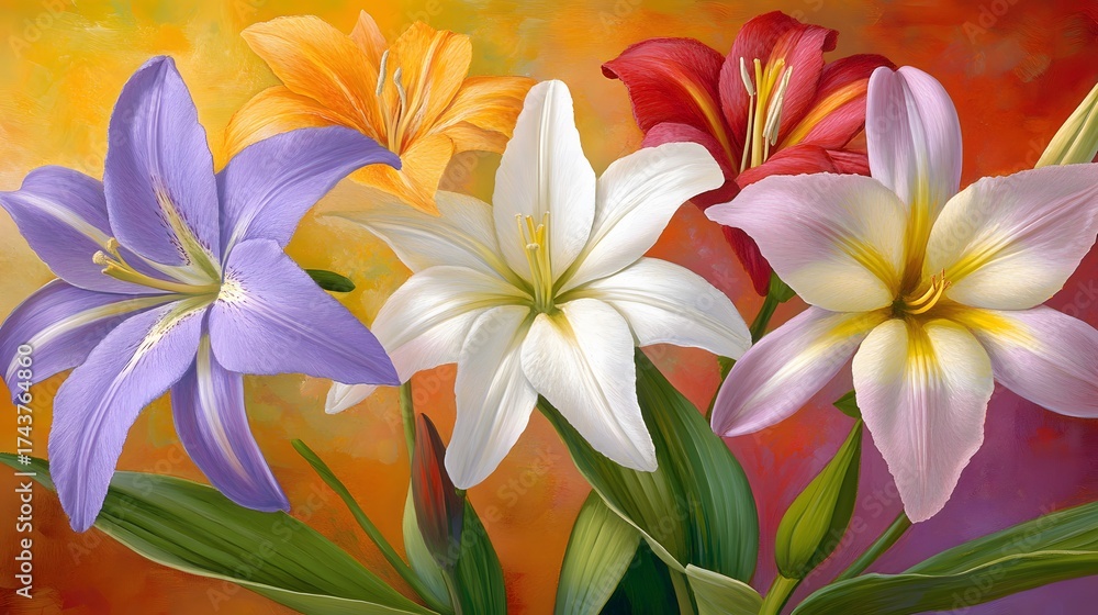 Obraz premium Vibrant lily bloom bouquet with multicolored petals in painting style