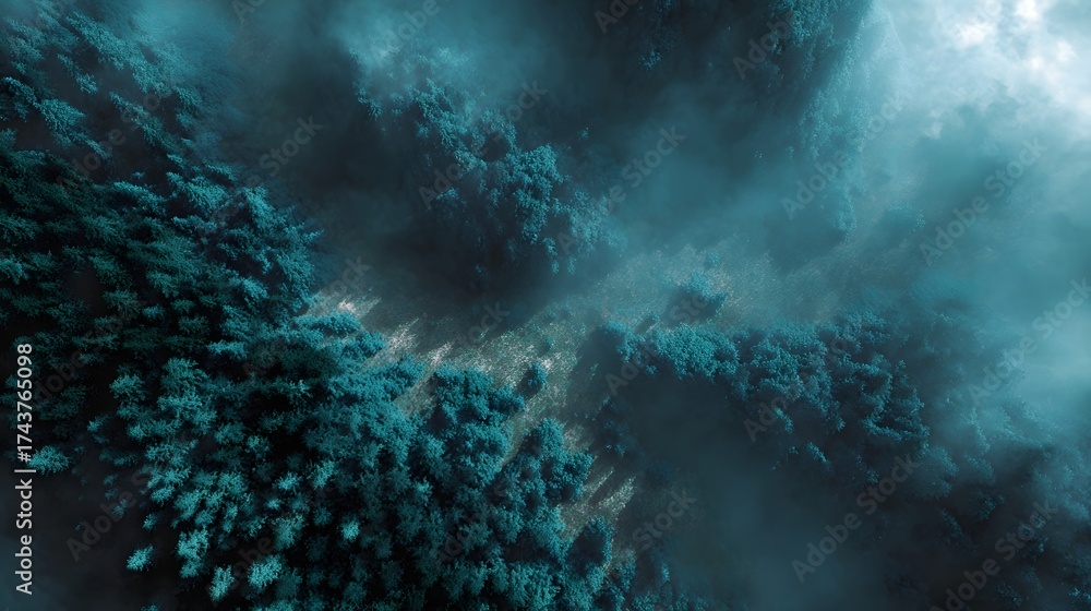 Fototapeta premium Atmospheric aerial view of a dense forest shrouded in teal fog and mist with light rays piercing the canopy