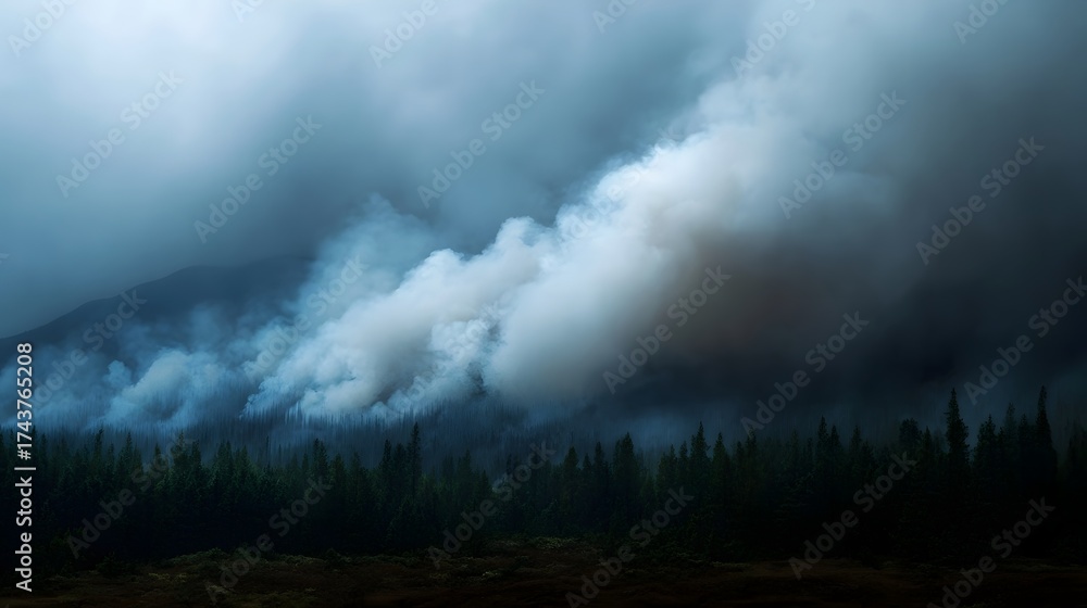Obraz premium A thick plume of smoke rises from a dense evergreen forest under a moody overcast sky