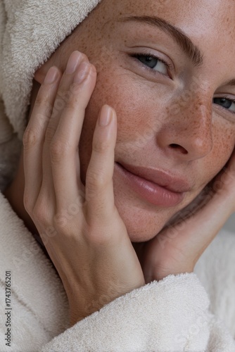 A close-up of a woman's face with visible freckles and soft fingers gently resting on her cheek while she wears a white towel robe and looks toward the camera