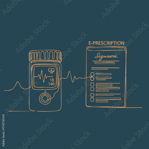 Medical device measuring heart rate connected to digital prescription form with handwritten signature and checklist