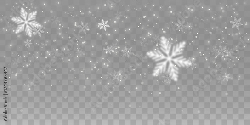 Winter snowfall vector, white snowflakes background transparent. Cold flake elements flying in air, frosty texture, frozen particles overlay, holiday weather design, crystal frost pattern.
