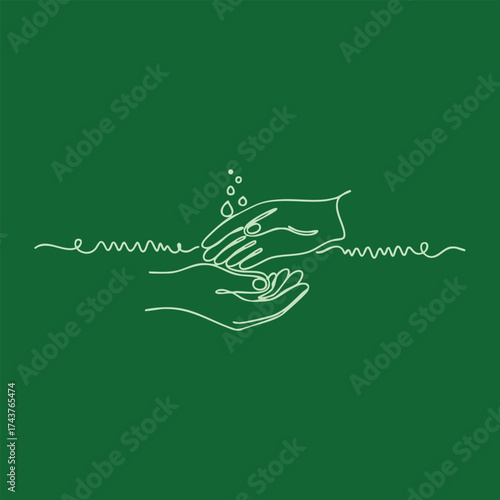 Minimalist Line Drawing of Hands Washing with Water Droplets on a Solid Green