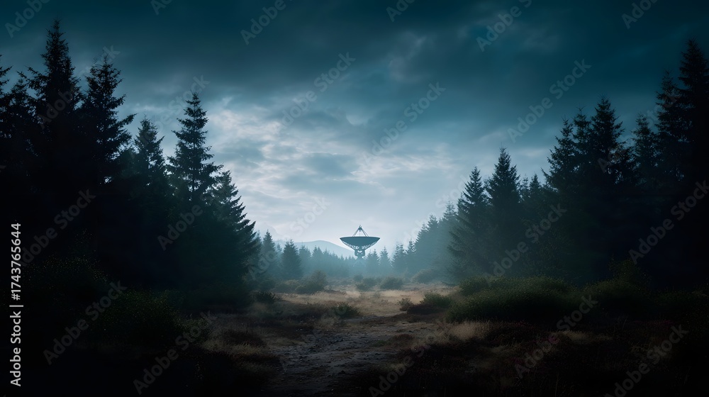 Obraz premium A large satellite dish stands in a forest clearing under a dramatic cloudy sky