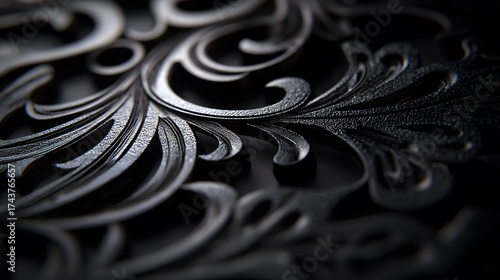 Elegant dark silver filigree, ornate swirls and curls abstract close up