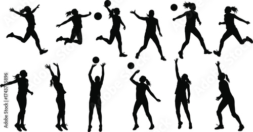 Female silhouette playing volleyball, women jumping hitting ball action poses, vector illustration sports activity, athlete training movement, black shadow figure exercise design