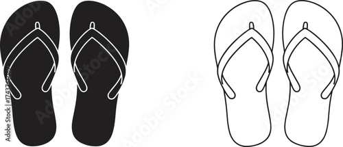 Flip flop sandals vector illustration in black and white, summer footwear icons for beach, vacation, fashion, design, and decoration use.