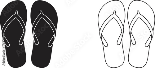 Flip flops silhouette and outline vector, summer footwear design, beach sandals illustration, minimalist style slippers, casual vacation shoes, black and white footwear art