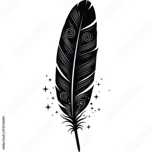 Black and White Feather with Stars Illustration swirls decorative design vector graphic art symbol element isolated drawing ink
