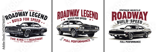 Vintage muscle car illustration with roadway legend typography and build for speed slogan for retro t shirt design