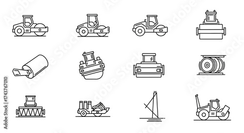 A collection of line art illustrations depicting various road construction equipment.