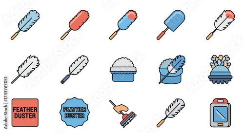 A collection of various feather dusters and related cleaning icons, presented in a flat design style.