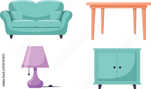 Furniture illustration set sofa table lamp cabinet design home vector