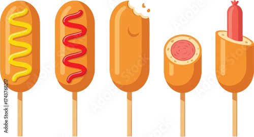 Corn dog vector illustration with mustard and ketchup toppings vector