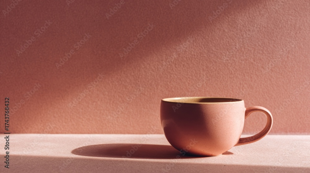 Obraz premium Elegant ceramic coffee cup positioned on solid soft-toned background, cozy minimalist cafe atmosphere and subtle lighting