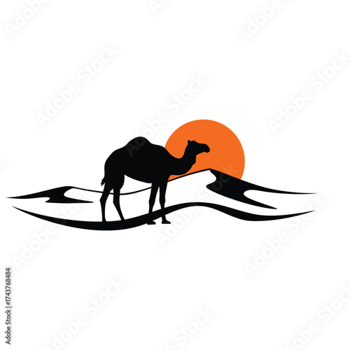Camel Silhouette in Desert Landscape at Sunset sand dunes travel dromedary animal wildlife nature arid africa middle east sahara mammal