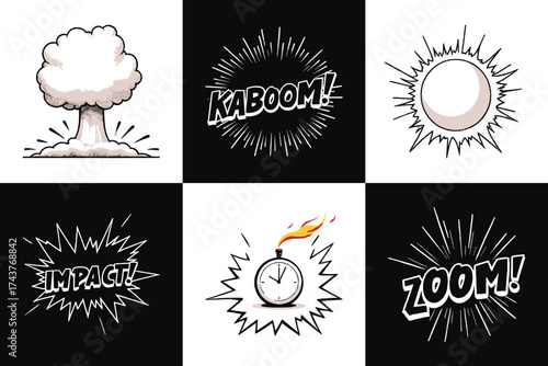 Comic explosion and motion effect illustration set with kaboom impact and zoom text art for pop style t shirt design