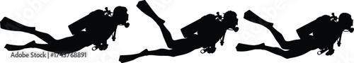 Scuba diver silhouette vector, underwater swimming illustration, black diving gear icons, fins and tank equipment, marine exploration concept, ocean activity design