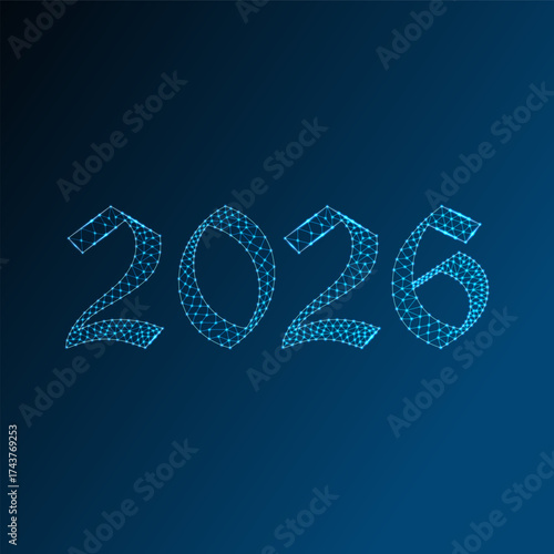 Futuristic 2026 digital design with glowing polygonal network lines, blue neon grid, technology concept, modern innovation, and cyber new year theme.
