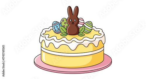Easter Cake with Chocolate Bunny and Decorated Eggs Illustration.