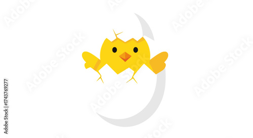 Cute yellow chick hatching from egg, adorable baby bird emerging.