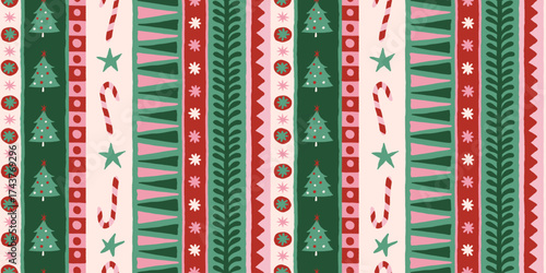 Vector Christmas and New Year seamless pattern, abstract hand-drawn whimsical background for greeting cards, wrapping paper, banners, striped, plaid, and checkered designs 