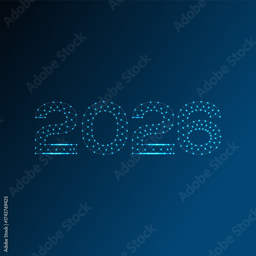 Futuristic 2026 digital design with glowing polygonal network lines, blue neon grid, technology concept, modern innovation, and cyber new year theme.