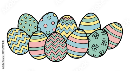 A colorful collection of hand drawn decorated Easter eggs.