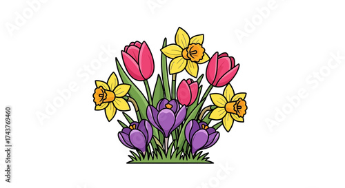 A vibrant bouquet of spring flowers including tulips daffodils and crocuses.
