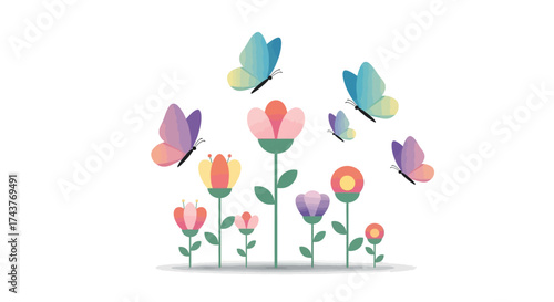 Colorful Butterflies Flying Around Blooming Flowers.