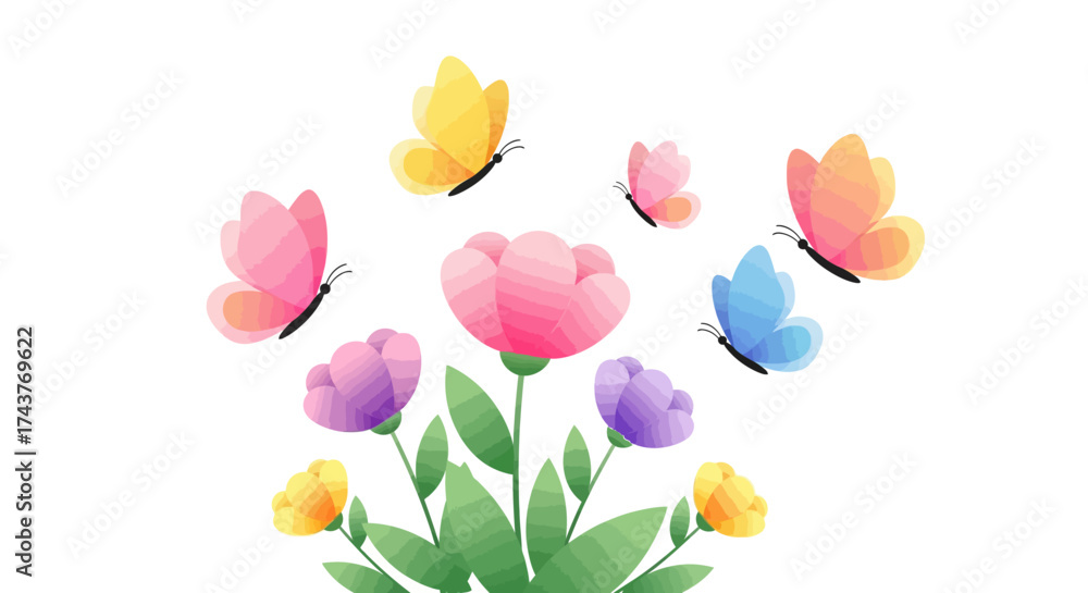 Fototapeta premium Colorful Butterflies Fluttering Around Blooming Spring Flowers.