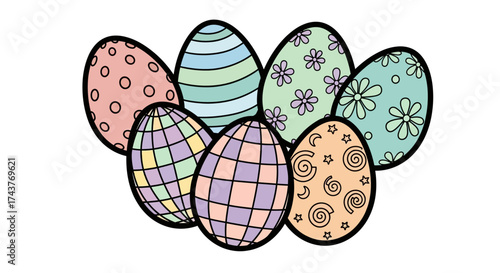 Colorful Easter eggs arranged in a festive display for celebration.