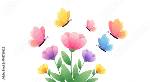 Colorful Butterflies Fluttering Around Blooming Spring Flowers.