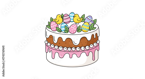 Festive Easter Cake with Decorated Eggs and Chicks.