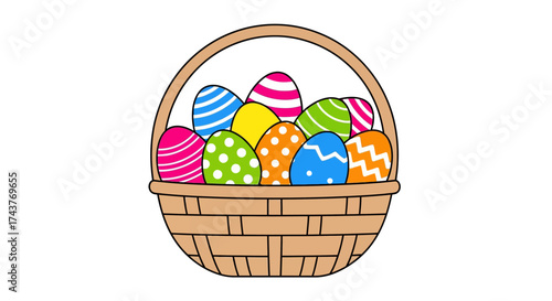 Basket full of colorful Easter eggs with various patterns.