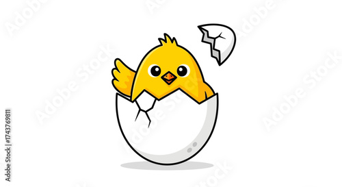 Cute yellow baby chick hatching from a cracked eggshell.