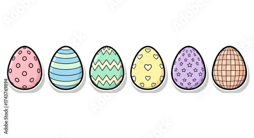 Colorful Easter eggs arranged in a row for festive decoration and celebration.