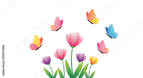 Vibrant butterflies fluttering around colorful spring flowers.