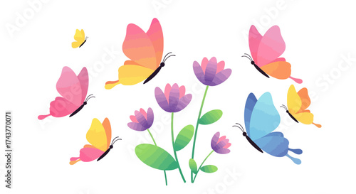 Colorful butterflies fluttering around vibrant purple flowers in a garden scene.