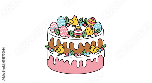 Festive Easter Cake with Chicks and Decorated Eggs Illustration.