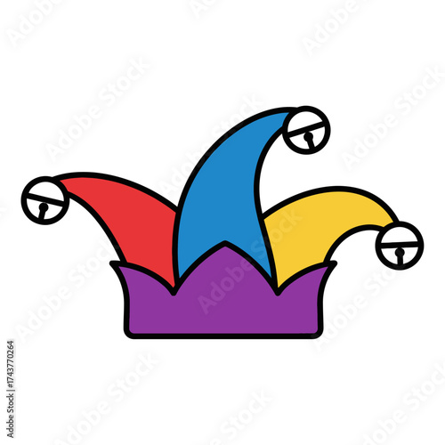 Colorful jester hat with bells and vibrant hues for festive occasions.
