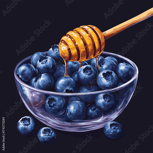 Fresh Blueberries with Honey Drizzle in Glass Bowl on Dark Background , vector style simple color
