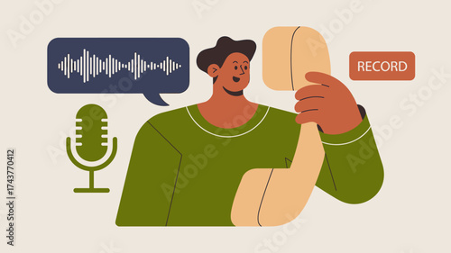 person recording a voice message on a phone, vector illustration for audio communication, digital messaging and voice recording technology
