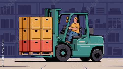 worker driving a forklift with boxes in a warehouse, vector illustration for logistics, inventory management and supply chain operations