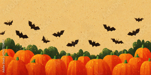 A field of bright orange pumpkins under a warm, textured background with flying black bats. The scene captures the essence of autumn and Halloween.