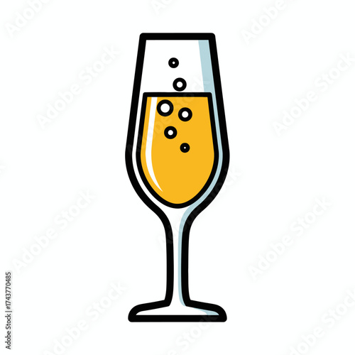 A tall champagne flute filled with bubbly golden liquid and rising bubbles.