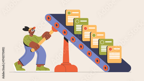 person automating a document workflow on a conveyor belt, vector illustration for workflow automation, business process management and productivity