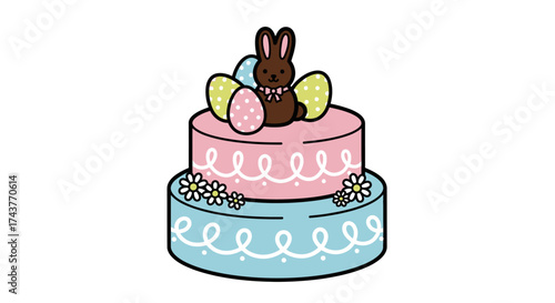 Two-Tiered Easter Cake with Chocolate Bunny and Eggs.