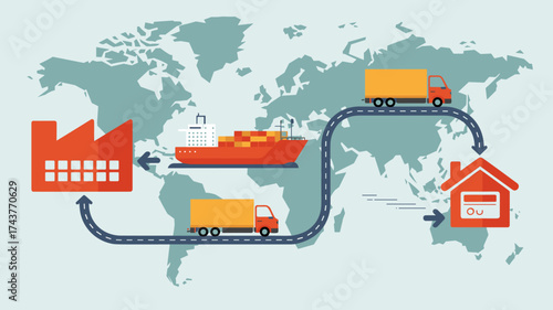 supply chain process from factory to customer home, vector illustration for global logistics and product distribution