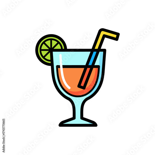 Refreshing cocktail drink with a lemon slice and a straw in a glass.